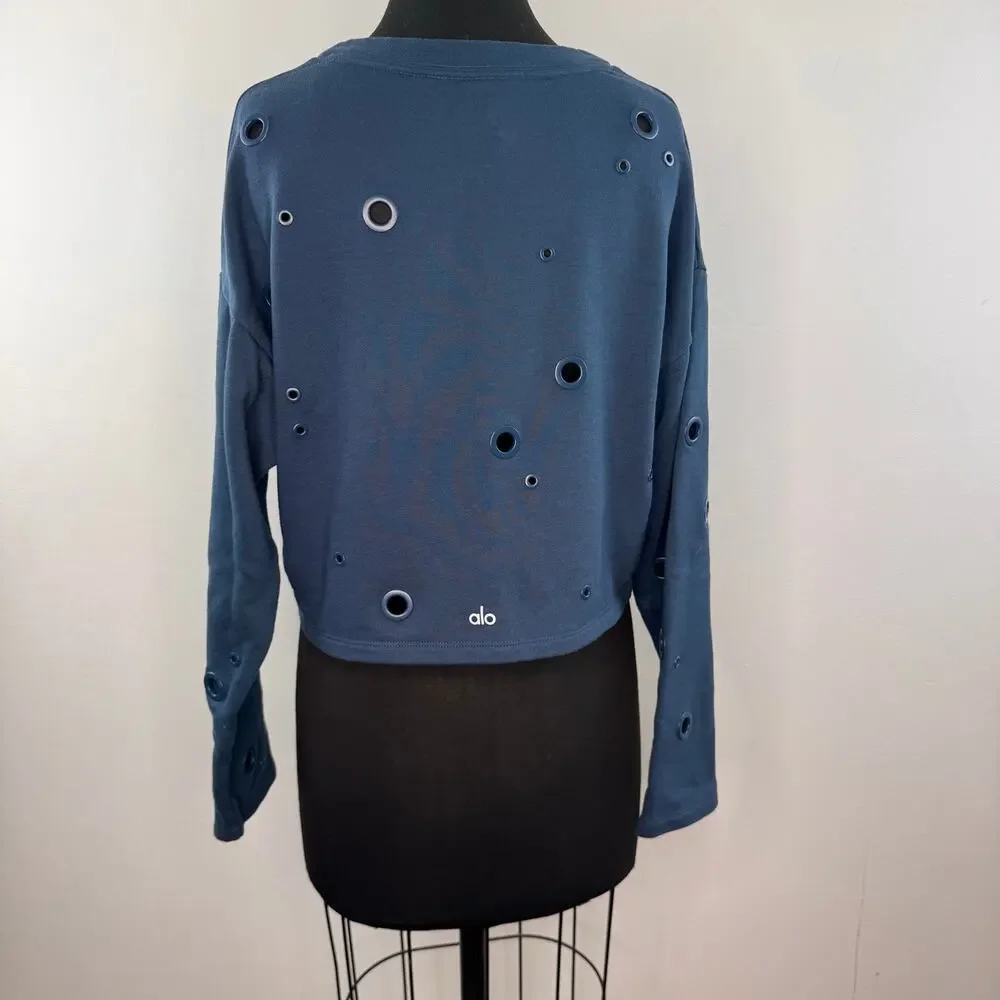 Alo Yoga Cadence Grommet Navy Crop Sweatshirt Drop Shoulder Pullover Sz M Medium